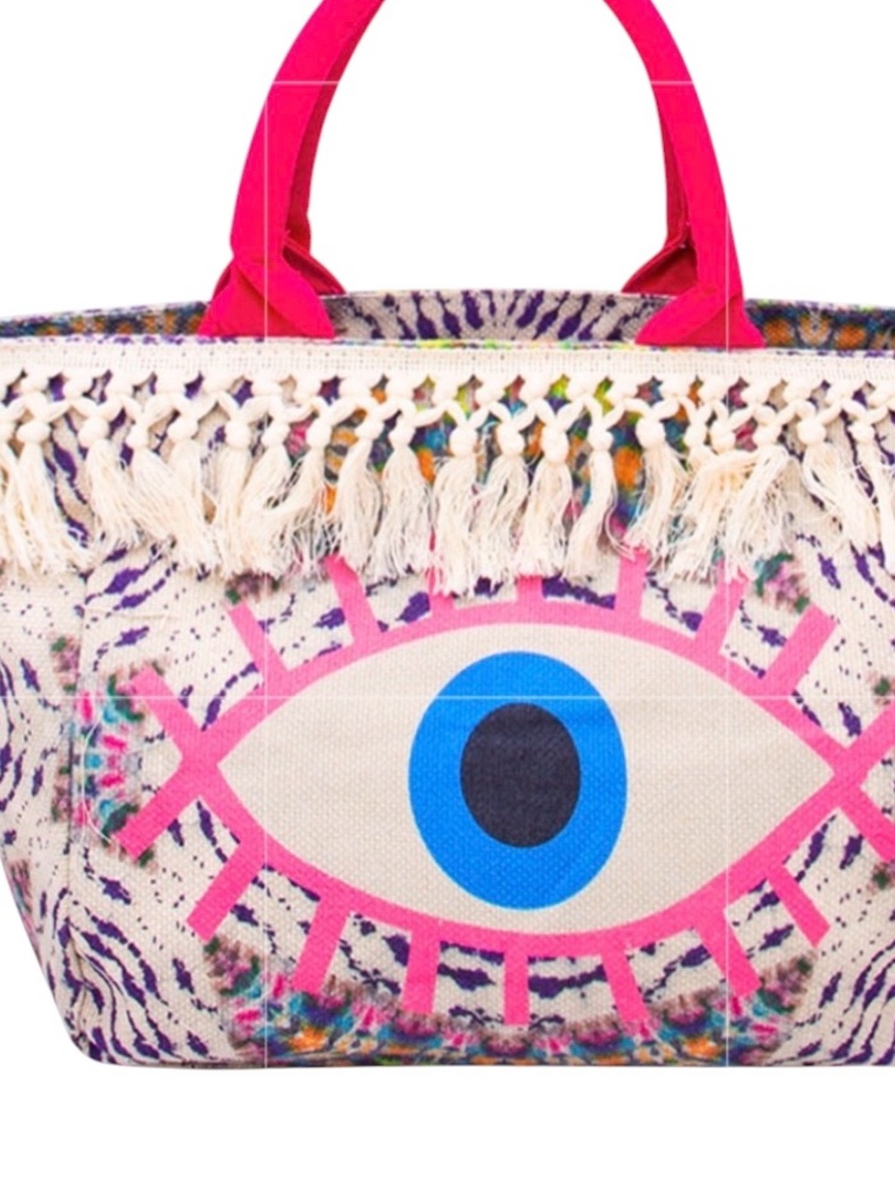 Evil Eye Hot Pink Multicolor Pastel Tie Dye Cream Fringe Trim 22" Tote Beach Bag - Picture 2 of 2